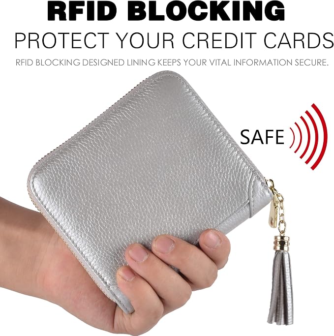 Easyoulife Womens Credit Card Holder Wallet Zip Leather Card Case RFID Blocking (Silver)