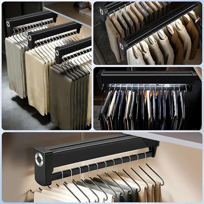 Pull Out Closet Valet Rods with LED Lighting, Slide Out Steel Pants Rack | Adjustable Heavy Duty Trouser Rack, Retractable Pants Hangers Top Mounted with Built-in Lithium Battery (300mm/11.8inch)