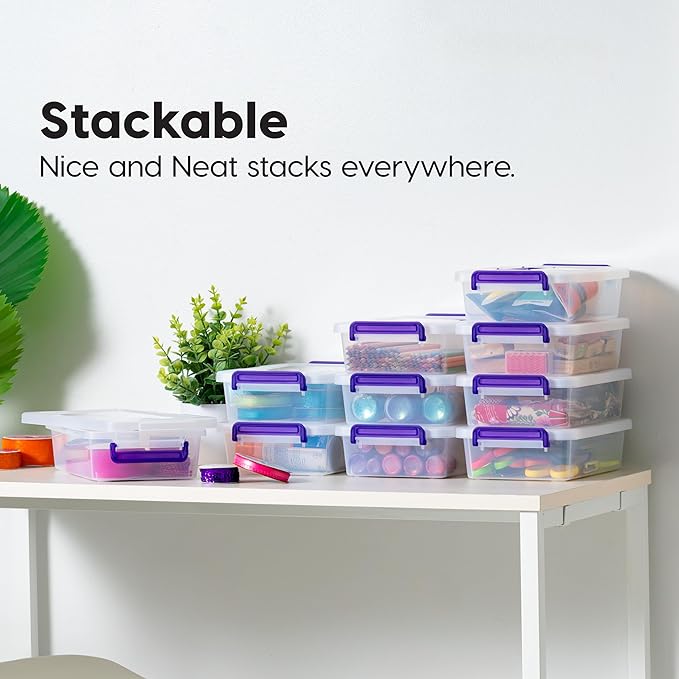 IRIS USA 3 Qt. Plastic Craft Storage Container Bins with Lids, 10 Pack, Small Art & Office Supply Organizer Tote, Sensory Bins & Boxes for Home & University, Stackable, Secure Latch Buckles, Clear