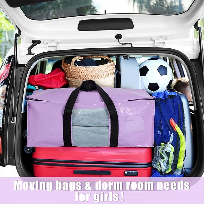 6 Pack Heavy Duty Extra Large Dorm Moving Bags with Visible Window and Reinforced Handles Heavy Duty Storage Tote for Space Saving Moving Supplies Clothes College Students(Purple)
