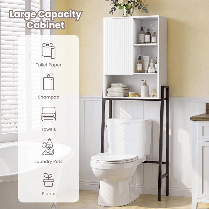 24" W Over The Toilet Storage Cabinet with Fluted Door,Bathroom Organizers and Storage with Adjustable Shelves, Modern Over Toilet Organizer for Bathroom,Restroom,Laundry,White