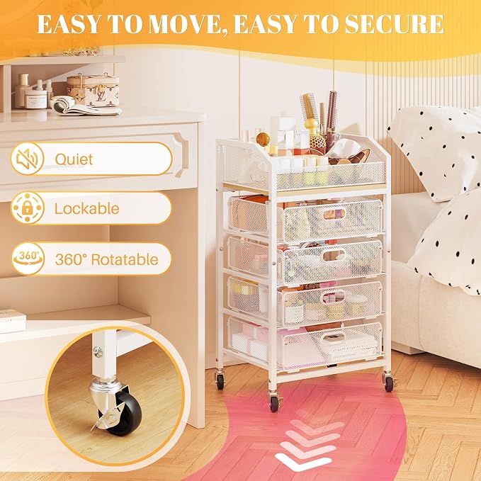 SUNALLY Rolling Makeup Cart Organizer with Drawers, 5-Tier Beauty Vanity Storage Cart for Skincare, Cosmetics, Nail Supplies and Bathroom Essentials, White