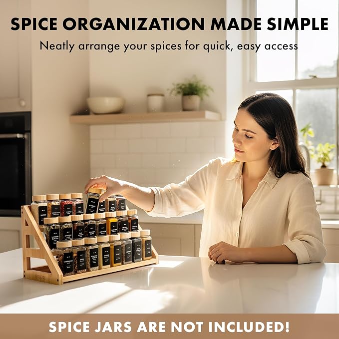 EDELHAUS 3 Tier Bamboo Spice Rack Organizer for Cabinet – Fits 24 Spice Jars, 17.5” Wide Countertop & Cabinet Organizer for Kitchen Organization, Seasoning Organizer Shelf (Jars Not Included)