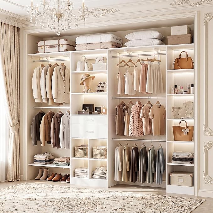 Besiost Closet System - 9.4FT/112" Closet Organizer System with Wooden Drawers,Closet Systems for Walk-In Closets with Hang Rods and Open Cabinet