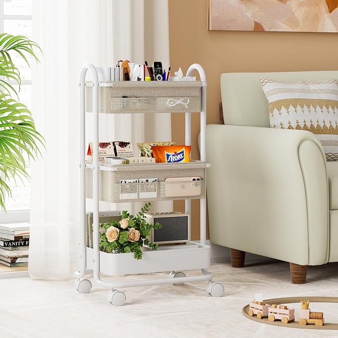 Modanais Baby Diaper Caddy Organizer Cart - 3 Tier Rolling Storage Cart with Wheels, Baby Essentials Nursery Storage, Detachable Dividers - for Crib, Bedroom, Art & Craft Organizer (Off White)