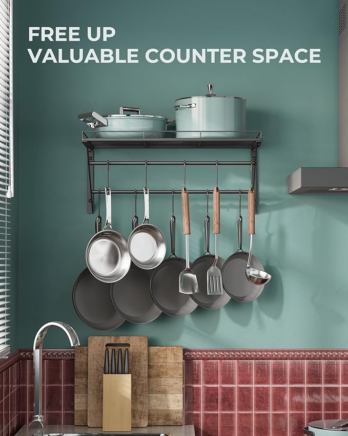OROPY 23" Pot Rack Wall Mounted, Pot Organizer with 2 Tier Hanging Rails | Heavy Duty Pot and Pan Organizer with Storage Shelf & 12 S Hooks, Space Saving Hanging Pot Rack