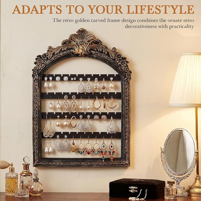 13 x 9.3'' Wall Hanging Earring Holder Black Vintage Jewelry Frame Organizers 4 Layer Wall Mounted Earrings Display Rack with Hooks Decorative Retro Jewelry Display for Necklaces