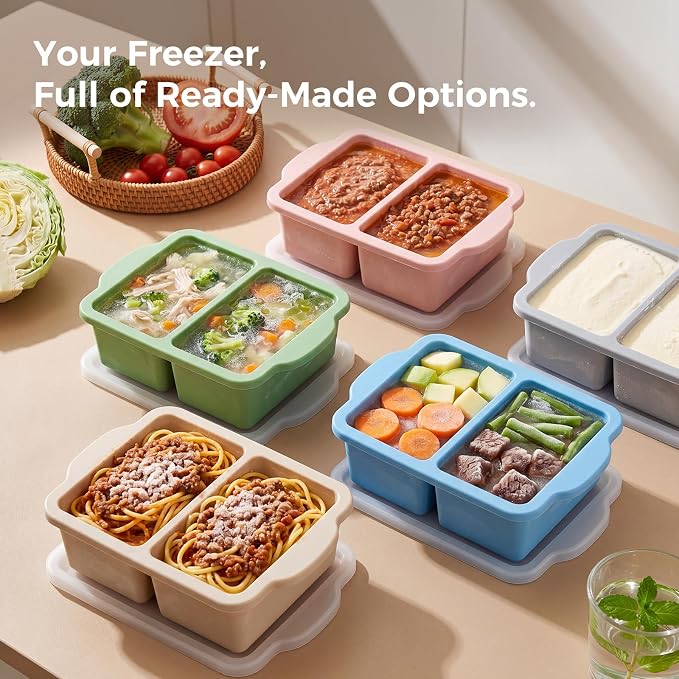 Silicone Freezer Trays with Lids, 2-Cavity Soup Molds with Reinforced Steel Rim, Versatile 1-Cup Per Compartment (5-Pack) for Broth, Sauce, Leftovers & Large Ice Cubes, Oven & Dishwasher Safe