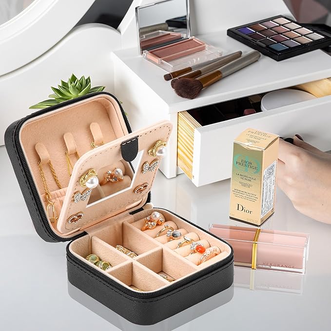 Neveika Jewelry Box with Mirror,Small Jewelry Organizer Box，Travel Jewelry Case for Women，Gift Jewelry Boxes for Female Girls (mirror black)