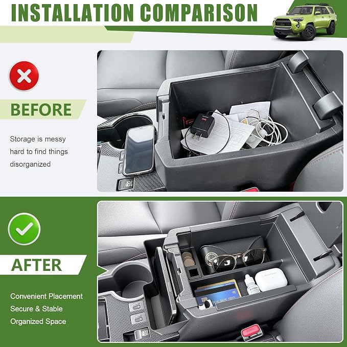 Center Console Organizer for 2010-2024 Toyota 4Runner Upgraded Hanging Armrest Box Extra Storage Space Tray for 4 Runner Interior Accessories(Fit 10-24/Hanging+Armrest Organizer)