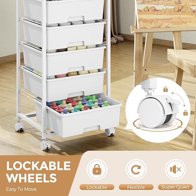 6 Drawer Rolling Storage Cart with Wooden Top and Wheels for Crafts,White | Easy Setup, Large Capacity, Sturdy Build, Lockable Mobility, For office, classroom and art studio supplies
