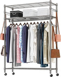 Heavy Duty Clothes Rack, Adjustable Rolling Garment Rack with Shelves, Freestanding Wardrobe Rack 1 Clothes Hanging Bar, 3 tired Wire Shelving, 4 Hanger Hooks - Hold Up to 400Lbs (Gray, 1Rod 4Hook)
