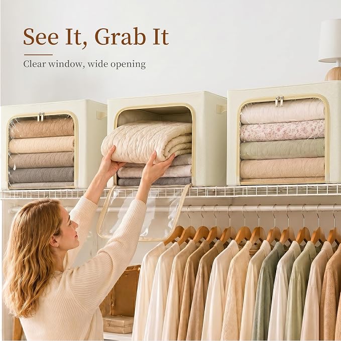 GoMaihe 3 Opening Clothes Storage Bins with Metal Frame, 66L Blanket Storage Organizer for Walk-in Closet Large Storage Boxes with Clear Window for Bedding Winter Clothing 3-Pack Beige