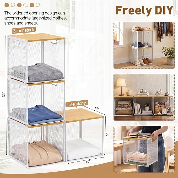 AceOrbit 3 Pcs Widened Stackable Closet Organizer and Storage with Wood Top Foldable Metal Cube Closet Shelf DIY Space Saving Linen Clothes Shoe Bed Sheet Bin Wardrobe Bedroom ( 15.6"x12"x8.7", Dark)