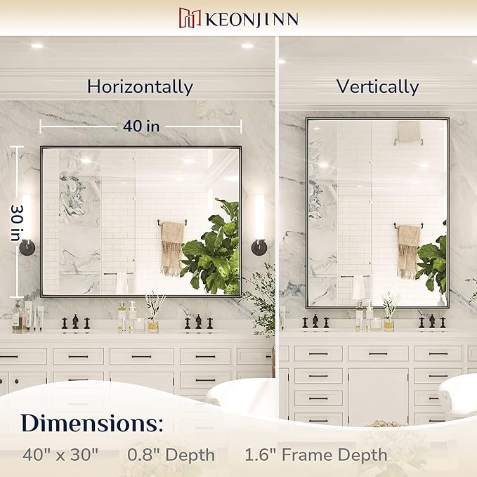 Keonjinn Black Framed Mirror for Bathroom 40 x 30 Inch, Rectangular Wall Mirror for Over Sink, Metal Frame Farmhouse Black Vanity Mirrors, Large Decorative Rectangle Mirrors(Horizontal/Vertical)