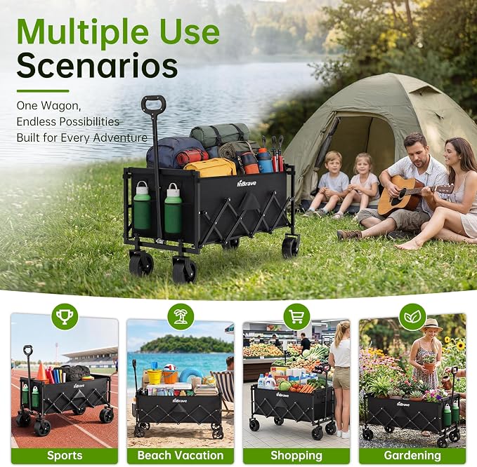 Extra Long Collapsible Wagon Cart, 360LBS Heavy Duty Utility Wagons with All-Terrain Wheels, Foldable Grocery Carts for Gardening, Shopping, Beach, Camping, Black