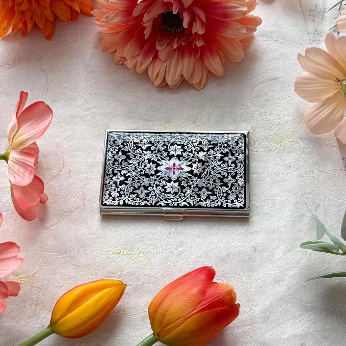 Mother of Pearl Business Card Case Credit Id Name Holder Travel Wallet Art Painting Design Metal Stainless Steel Engraved Slim Purse Pocket Cash Money Wallet (New Arabesque)