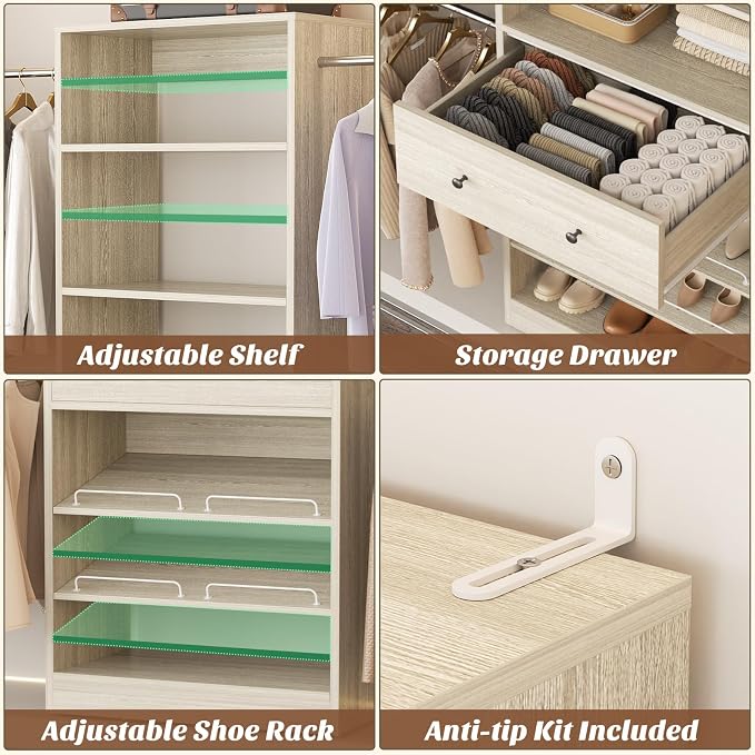 Armocity Wood Closet Organizer System - 4FT-9FT Expandable Wardrobe Closet with Drawer & 4 Hanging Rods, Heavy Duty Walk-in Closet 1000Lbs for Bedroom Walk-in Closet, White Oak