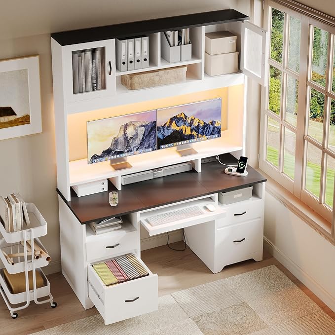 Bestier 77.8" H Computer Desk with Hutch, Charging Station, LED Light,White | Modern Wood Executive Desk with Drawers, Fluted Storage Cabinet, Keyboard Tray, 59" W Office Desk for Home Office