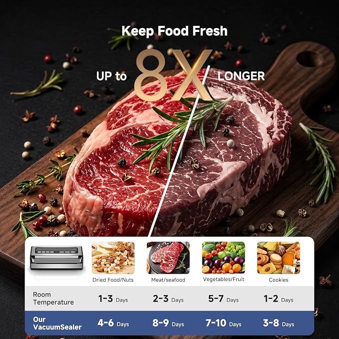 AAOBOSI 95KPa 9-in-1 Wet/Dry Vacuum Sealer, 8X Freshness | Seals Liquids,Meats &Wet/Dry Foods,95KPa Suction,1-Hand Lock,Smart Memory,Removable Drip Tray,Built-in Cutter & Starter Kit