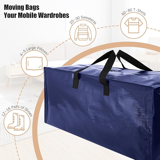 NATURELUX Heavy Duty Moving Bags with Backpack Straps and Strong Handles, Alternative to Moving Boxes and Storage Totes for Dorm Room Essentials, 6 Pack, Blue