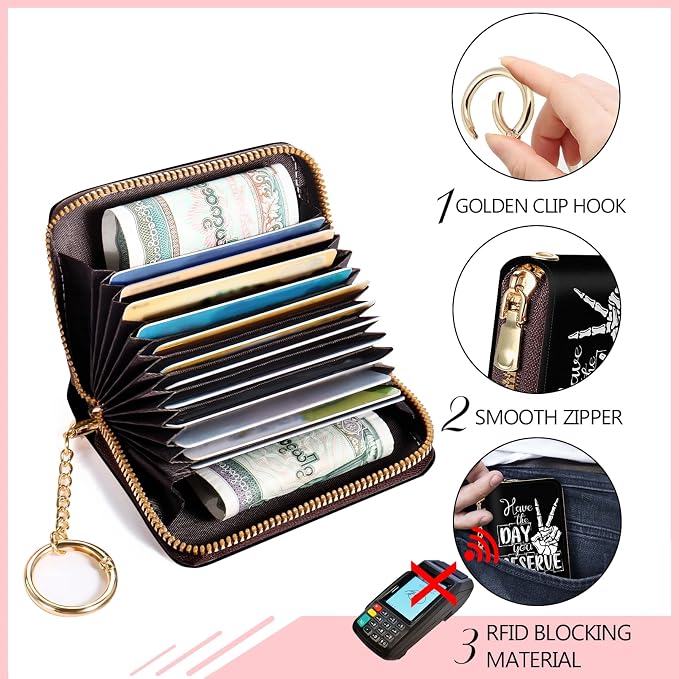 Blusabaca RFID Credit Card Holder Small Women Travel Wallet, Skull Sign | Removable Keychain, Case with Zipper, Vegan PU Leather, Cash Coin Pocket, Business Accordion Purse, Ladies Female Gift