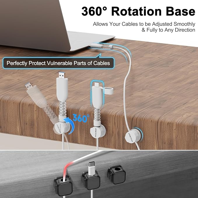 6 Magnetic Spring Cable Clip Rotatable Cord Holder Desktop Cord Organizer 2 Charging Cord Protectors for Nightstand Phone Charger Organizer Computer Desk Cable Management Appliance Adhesive Wire Strap