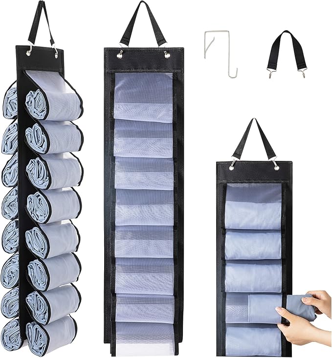 DHSFKBE Legging Organizer Storage, T-Shirt Organizer, Foldable Hanging Closet Organizer, Hanging Clothes Organizer with 16 Roll Compartments for Yoga Clothes, Shirt (Black)
