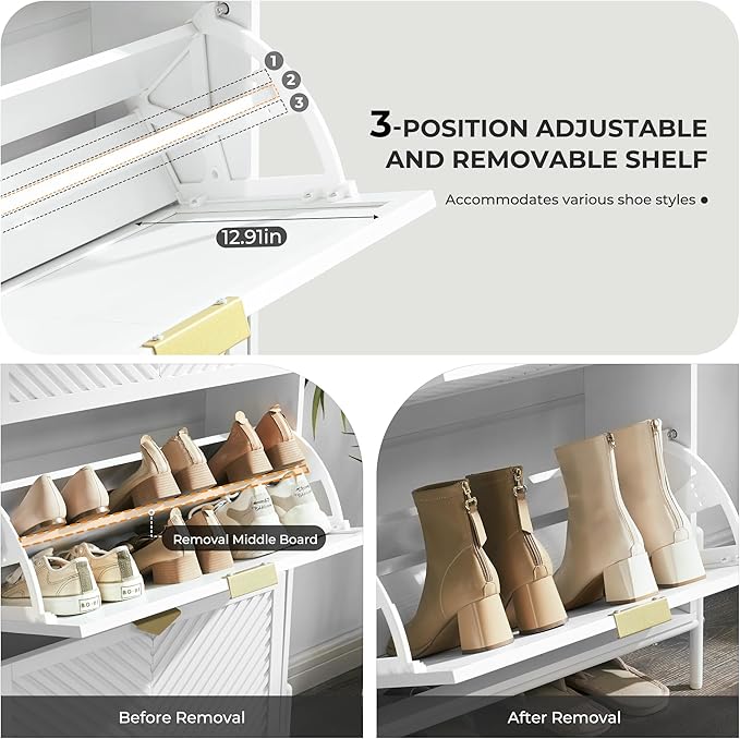 Shoe Cabinet with 2 Flip Drawers, Narrow Entryway Rack, White | Slanted Wood Grain, Freestanding, Adjustable Compartments, Removable Middle Shelf, Metal Handles, for Hallway Foyer Entrance