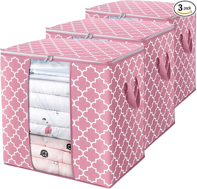 WISELIFE Storage Bags 3 Pack/100L Large Blanket Clothes Organization and Storage Containers for Comforters,Bedding, Foldable Organizer with Reinforced Handle, Clear Window, Sturdy Zippers,Pink