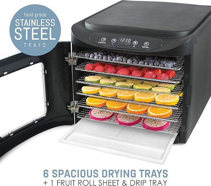 Elite Gourmet EFD-313B Programmable Food Dehydrator, Food Dehydrator, Adjustable Temperature Controls, Jerky Herbs Fruit Veggies Snacks, 6 Stainless Steel Trays