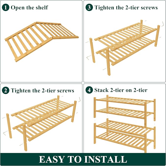 Smiry Bamboo Shoe Rack for Closet, 4 Tier Wooden Shoe Organizer, Stackable Wood Shoe Storage Shelf for Entryway, 14 Vertical Slats, 2+2 Stack Heavy-Duty Legs, 26.77"x11.02"x25.98", Natural