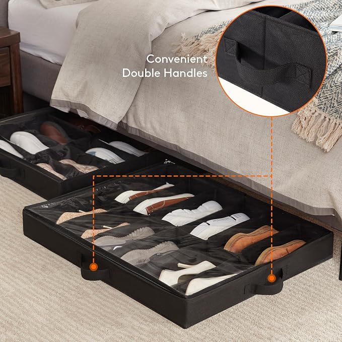 Lifewit Under Bed Shoe Storage Organizer Fits 12 Pairs, 2-Pack 3.9 Inches Tall Low Profile Fabric Shoes Container Box, Slim Shoe Organizer with Clear Cover and Handle, Black
