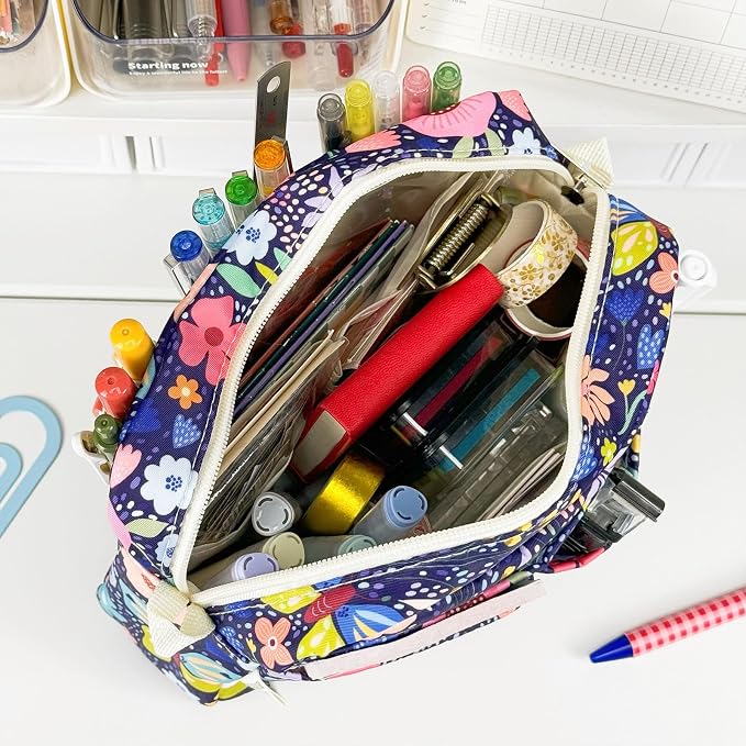 Multiple Pockets Portfolio Organizer with Zippered,Storage Pencil Pouch Bag | Waterproof Travel Toiletry Bag,Portable Pencil Pouch for Notebooks,Stationeries,Make-up,Journal Office Art Supplies,DP Flower