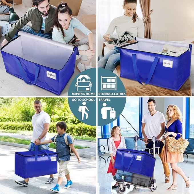 HomeHacks Moving Bags Heavy Duty with Strong Zippers and Handles Collapsible Moving Supplies, Storage Totes for Packing & Moving Storing 93L,10-Pack, Blue