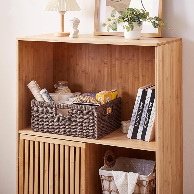 OIAHOMY Wicker Storage Basket, Rectangular Paper Rope Shelf Baskets with Built-in Handles, Woven Decorative Organizer for Pantry, Shelves, Living Room and Bathroom, 1-Pack Brown