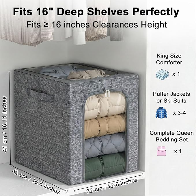 GoMaihe Clothes Storage Bins Metal Frame: 55L Extra Large Stackable Closet Storage Organizer with Lid & Clear Window, Heavy Duty Blanket Boxes for Winter Coats Comforters (Fits Deep Closet 4-Pack)