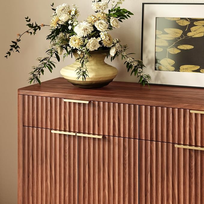 Evermagin 67" Fluted Walnut Sideboard Buffet Cabinet with 3 Drawers | Modern credenza and console cabinet with storage for kitchen, living room, entryway or coffee bar, 67"W x 31.5"H x 15.7"D