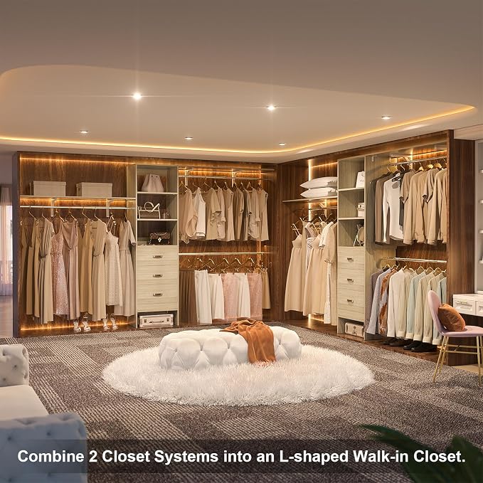 Armocity 120 Inches Closet System, 10FT Walk In Closet Organizer with 2 Shelving Towers, Heavy Duty Clothes Rack with 3 Drawers, Built-In Garment Rack, 120" L x 16" W x 75" H, Load 1300 LBS, White Oak