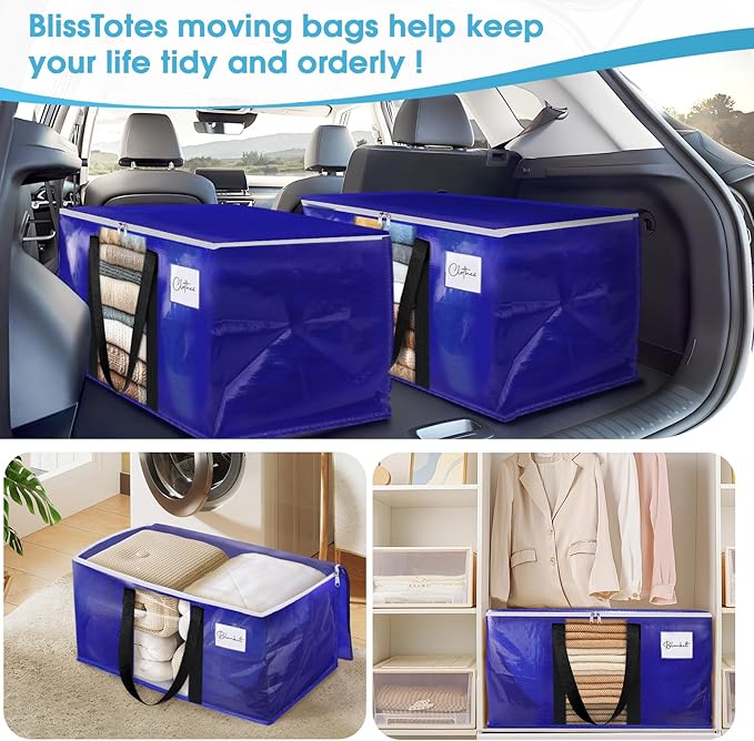 BlissTotes 10 Pack Moving Bags with Clear Window, Storage Bags with Strong Carrying Handles & Zippers,Large Packing Bags for Saving Space, Alternative to Moving Boxes(Blue,24 Gallon)