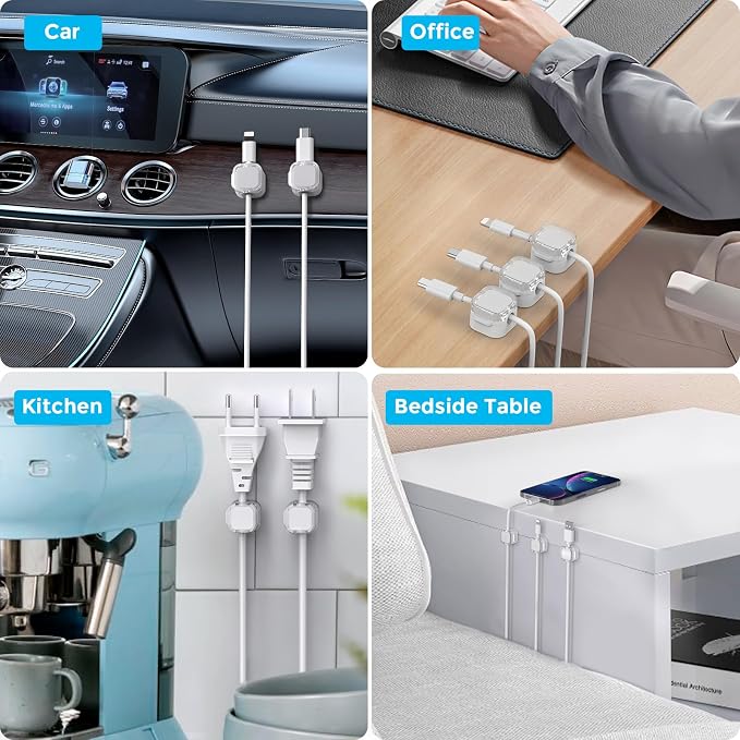 AhaStyle Magnetic Cable Organizer [1s Lock] 6 Pack Cord Holders Clips Strong Adhesive Cord Keeper [Smooth Adjustable] Hide Wire Cord Organizer for Nightstand Kitchen Car Office (White)