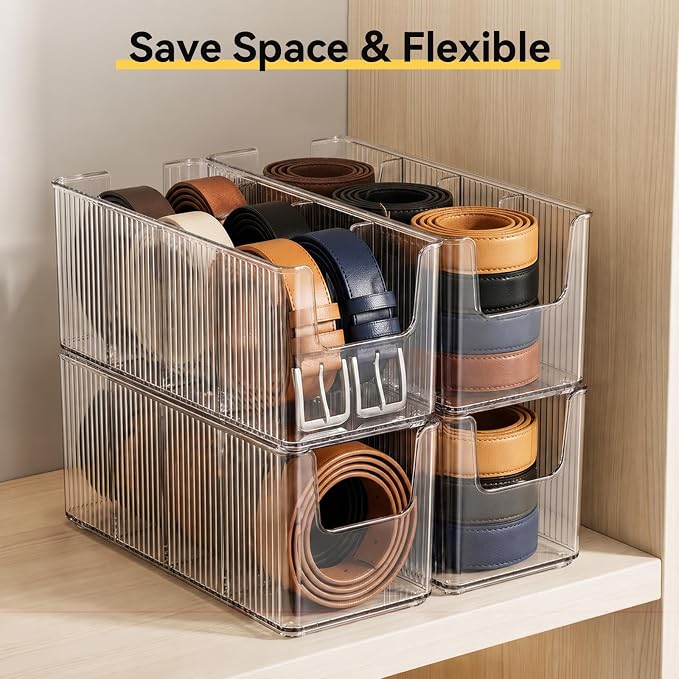 Acrylic Belt Organizer, 2 Pack Clear Belt Storage Box with 4 Adjustable Compartments, Stackable Durable Acrylic Belt Holder, Anti-Scratch Belt Display Case for Closet and Drawer Organization