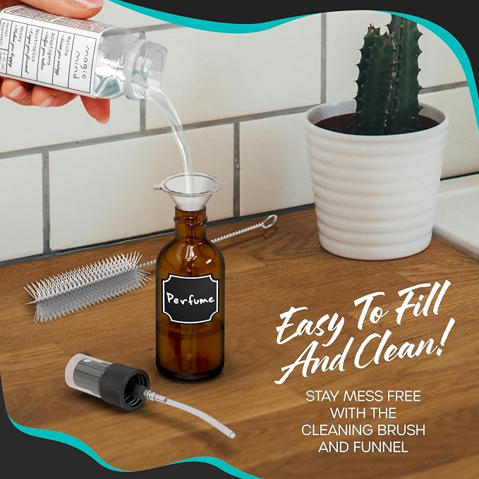 Nevlers Amber Glass Small Travel Spray Bottle 1 Oz Mini Mister 48 Pack Set | Small Glass Spray Bottle with Shrink Wrap, Funnel, Brush, Marker & Labels | Refillable Mini Spray Bottle for Hair & Perfume