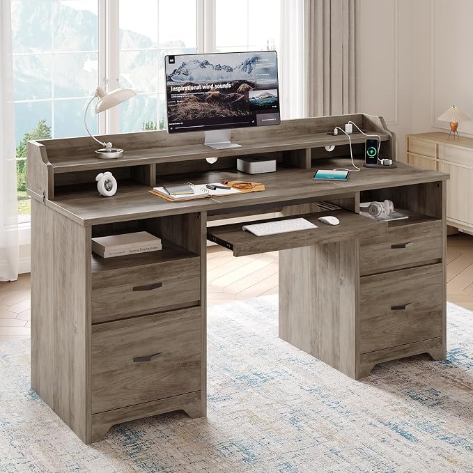 Bestier 59" Executive Desk with Charging Station & Monitor Stand, Grey | Farmhouse Wood Computer Desk with Drawers, Home Office Desk with Keyboard Tray, Sturdy Pedestal Desk for Work Study
