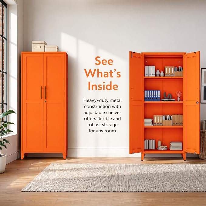 Heavy Duty Metal Cabinet with 3 Adjustable Shelves, Lockable Double Door Storage Locker, 61" Tall Utility Closet for Living Room Home Office Orange 61" H X 27.6" W X 13.8" D