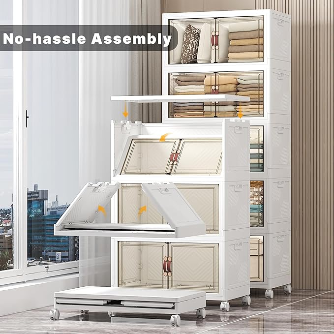 UAMFURI Stackable Storage Bins with Lids, Extra Large Plastic Organizer Cabinet Drawers, 560QT Collapsible Closet Containers with Doors and Wheels,For Bedroom, Kitchen, Office, Garage,(5Pack Cube)