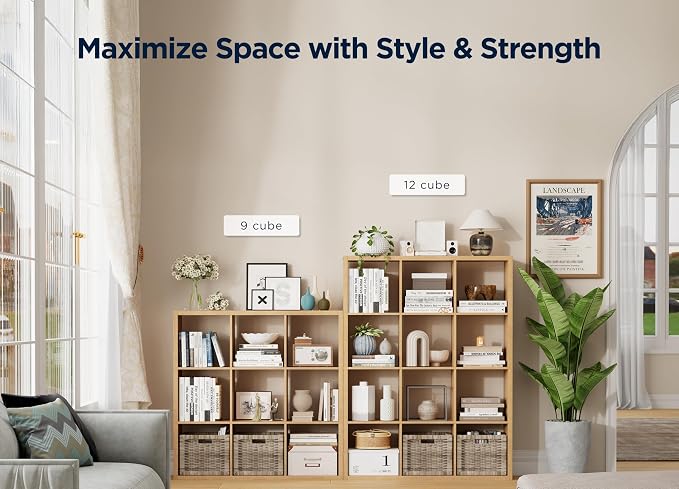 12 Cube Storage Organizer, Wooden Cube Shelf Bookcase with Reinforced Thick Shelves, Heavy-Duty 36.93" L x 9.37" W x 48.82" H, for Living Room Bedroom Home Office, Natural-Oak