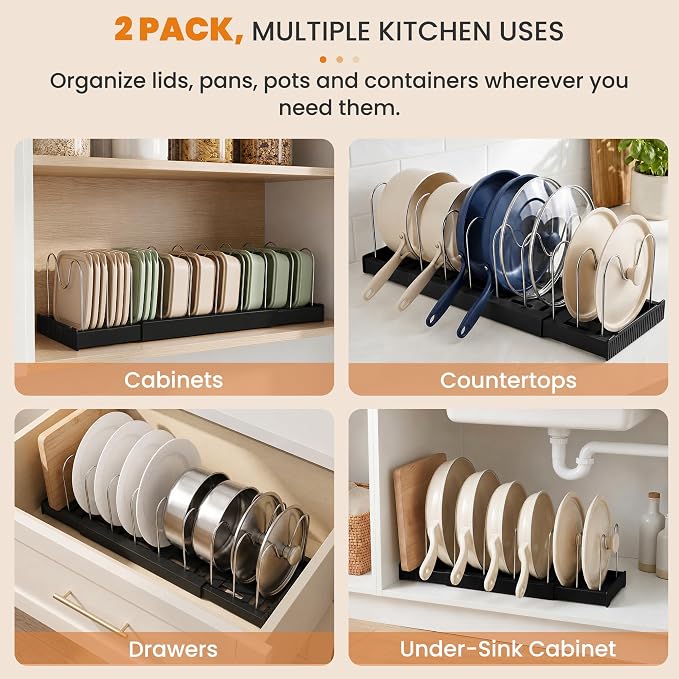 2 Pack Expandable Pot Lid Organizers with 10 Adjustable Dividers | 12.6-22.4 Inch Pots and Pans Organizer Rack Under Cabinet, Countertop, Pan Lids, Bakeware, Food Container Lids, Black