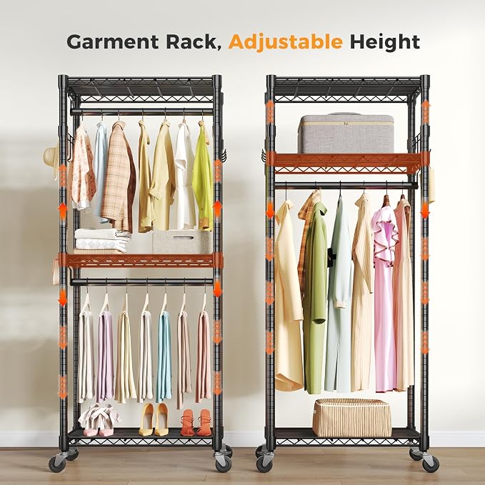 NEWBULIG Heavy Duty Clothing Rack with Wheels, 3-Tier Adjustable Wire Garment Rack, Metal Freestanding Closet Organizer System with Double Hanging Rods & 8 Side Hooks, 29" x 15" x 75", Black