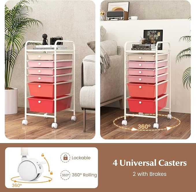 DREAMADE Rolling Cart with Storage Drawers, Utility Cart with Removable Plastic Drawers, Lockable Wheels, Art Cart for Classroom Organization Art Supplies Office Scrapbook (6 Drawers, Mixed-pink)